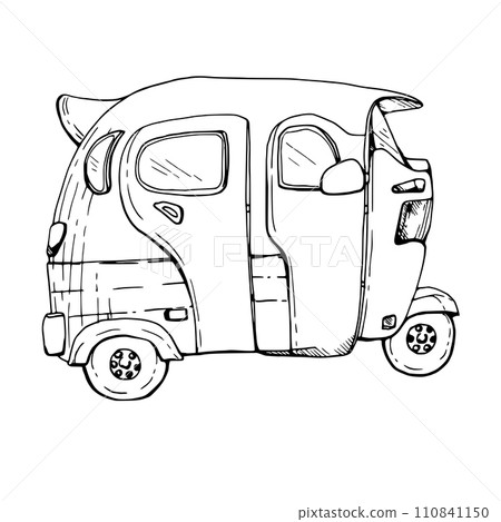 Hand drawn ink vector illustration, small car transportation vehicle mototaxi South Central America India Asia. Single object isolated on white background. Design travel, vacation, brochure, print 110841150