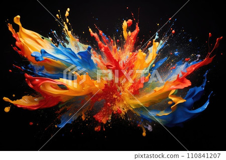 AI generated. Abstract vibrant multicolor wet paint splash of drops isolated on black background 110841207