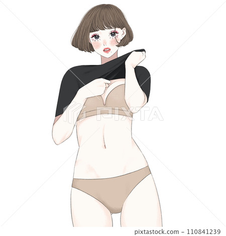 一個穿著內衣的女人翻起衣服 110841239