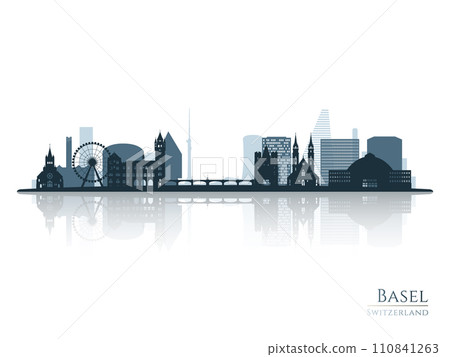 Basel skyline silhouette with reflection. Basel skyline silhouette with reflection. 110841263