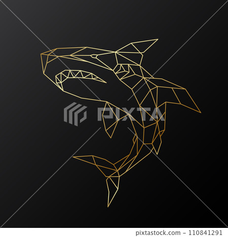 Golden polygonal Shark illustration isolated on black background. 110841291