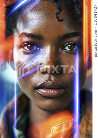 Frontal Portrait of a Serious Young Black Woman with Blue and Orange Light Reflections Frontal Portrait of a Serious Young Black Woman with Blue and Orange Light Reflections 110841427