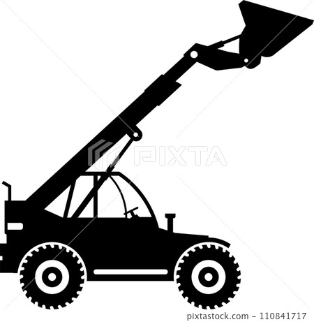Silhouette of Compact Skid Steer Loader with Bucket and Wheels Icon in Flat Style. Vector Illustration 110841717