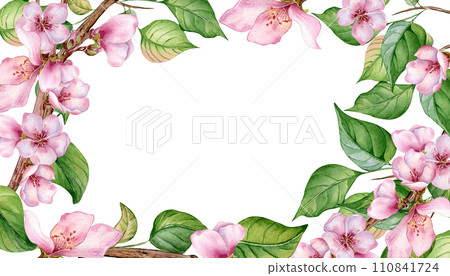 Watercolor floral board with pink blooming branch isolated on white. Design template of floral frame with pink white flowers hand drawn. Element for wedding invitation, card, packaging, label product 110841724