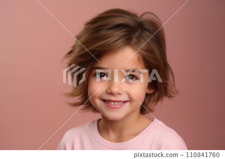 Portrait of a beautiful little girl in a pink t-shirt on a pink background. Portrait of a beautiful little girl in a pink t-shirt on a pink background. 110841760
