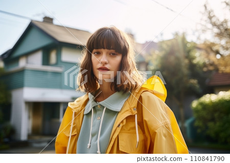 Portrait of a beautiful girl in a yellow raincoat on the street. Portrait of a beautiful girl in a yellow raincoat on the street. 110841790