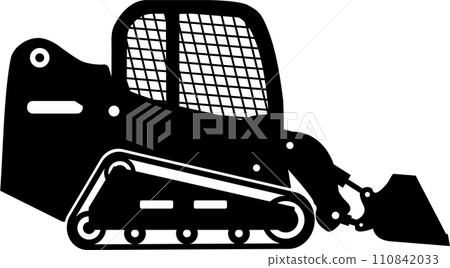 Silhouette of Skid Steer Loader with Bucket and Track Icon in Flat Style. Vector Illustration 110842033