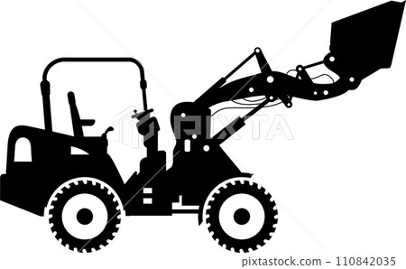 Silhouette of Compact Skid Steer Loader with Bucket and Wheels Icon in Flat Style. Vector Illustration 110842035