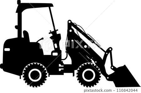 Silhouette of Compact Skid Steer Loader with Bucket and Wheels Icon in Flat Style. Vector Illustration 110842044