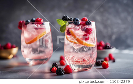 Close up of two nicely decorated cocktail glasses filled with a pink gin tonic beverage with frozen berries on gray background Close up of two nicely decorated cocktail glasses filled with a pink gin tonic beverage with frozen berries on gray background 110842279