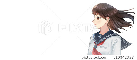 Illustration material of a female student, upper body, transparent background, landscape, space on the left 110842358