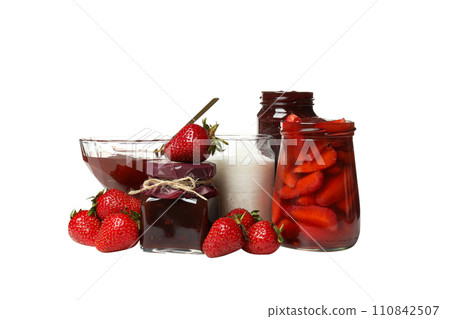 PNG,Fresh strawberries with strawberry jam in a jar, isolated on white background 110842507