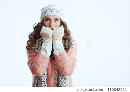 stylish woman and warming hands with breath stylish woman and warming hands with breath 110842611