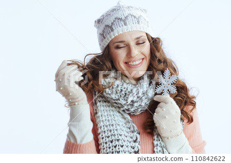smiling stylish woman in sweater, mittens, hat and scarf on smiling stylish woman in sweater, mittens, hat and scarf on 110842622