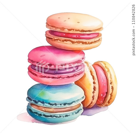 Watercolor colorful macarons isolated on white background. Watercolor colorful macarons isolated on white background. 110842826