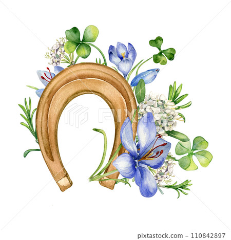 Lucky symbol horseshoe and crocus watercolor illustration isolated on white. Painted shamrock with flowers. Irish symbol four leaves clover hand drawn. Design for St.Patricks day,Easter, springtime 110842897
