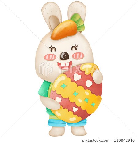 Watercolor painting of cartoon rabbit holding eggs during Easter festival Watercolor painting of cartoon rabbit holding eggs during Easter festival 110842916