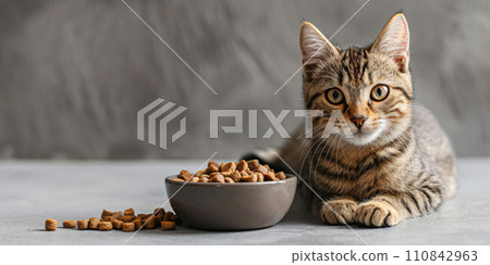 AI-generated content. A cat eating from a bowl on a floor AI-generated content. A cat eating from a bowl on a floor 110842963