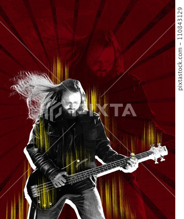 Poster. Contemporary art collage. Man, looks as rock star playing guitar energetic music against red and black backdrop with reflection on background. 110843129