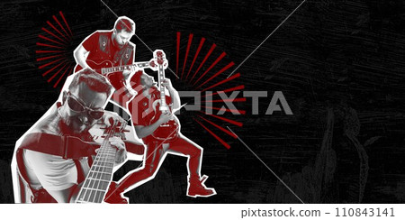 Poster. Contemporary art collage. Three man, guitarists playing electric guitars against black textured background with negative space to insert text 110843141