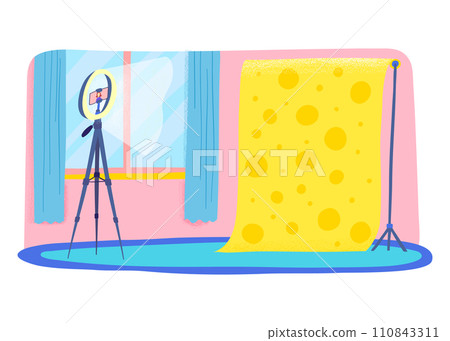 Cartoon Color Led Ring Lamp and Monopod with Empty Template Yellow Paper Background Concept Flat Design Style. Vector illustration of Phone Holder for Live Stream Cartoon Color Led Ring Lamp and Monopod with Empty Template Yellow Paper Background Concept Flat Design Style. Vector illustration of Phone Holder for Live Stream 110843311
