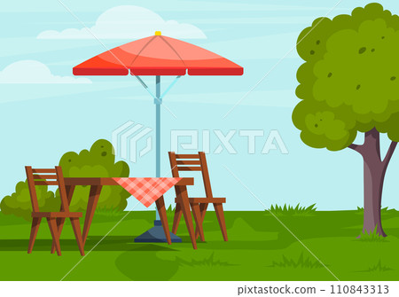 Cartoon Color Furniture for Picnic Concept Served Table and Chairs, Umbrella Flat Design Style. Vector illustration of Outdoor Party 110843313