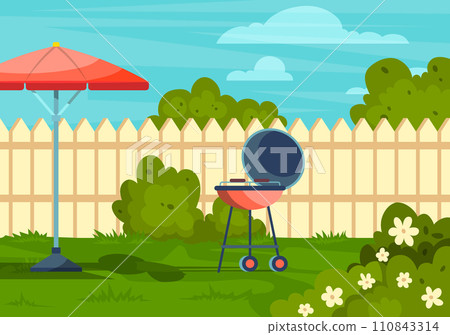 Cartoon Color Garden Picnic Backyard Scene Concept Summer Landscape Flat Design Style. Vector illustration of Outdoor Bbq Party 110843314