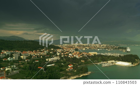 Aerial shot of harbor and cityscape of Split on a rainy day. Croatia 110843503