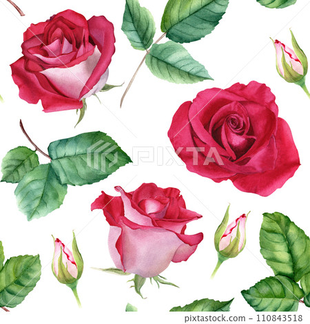 Watercolor seamless pattern with flower Rose blooms, buds and leaves. Botanical repeat pattern. For wrapping wallpaper fabric textile Watercolor seamless pattern with flower Rose blooms, buds and leaves. Botanical repeat pattern. For wrapping wallpaper fabric textile 110843518