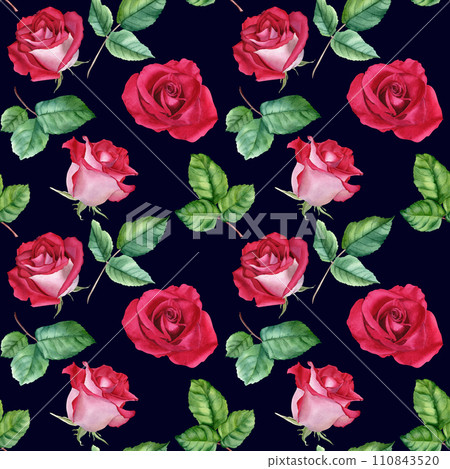 Watercolor seamless pattern, repeat pattern with flower Rose blooms and leaves. Botanical illustration. For wrapping wallpaper fabric textile 110843520