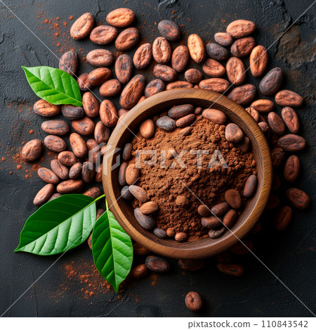 AI-generated content. Freshly picked cacao beans, cocoa powder and green leaves in wood plate in dark culinary table background, top view. Generative AI 110843542