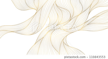 Vector gold line wave background, abstract luxury elegant pattern. Glitter flow japanese style shape, river, sea cover. Vector gold line wave background, abstract luxury elegant pattern. Glitter flow japanese style shape, river, sea cover. 110843553