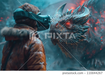 AI-generated content. Man is using virtual reality headset with dragon simulate. Generative AI 110844267