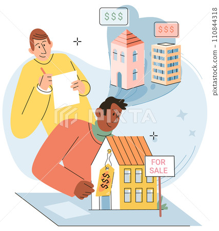Buying and choosing housing. Vector illustration The sale price property was negotiable The buyer saw potential for profitable investment The purchase house required down payment The residential Buying and choosing housing. Vector illustration The sale price property was negotiable The buyer saw potential for profitable investment The purchase house required down payment The residential 110844318