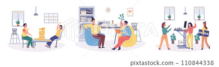 Office rest vector illustration. Finding moments amusement and delight in office rest areas creates positive and uplifting work atmosphere Incorporating elements pleasure into office rest areas 110844338