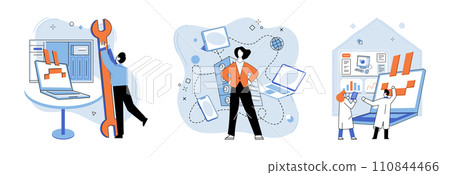Computer troubleshooting. Vector illustration. Technicians specialize in correction and improvement computer systems Computer troubleshooting involves identifying and resolving software difficulties Computer troubleshooting. Vector illustration. Technicians specialize in correction and improvement computer systems Computer troubleshooting involves identifying and resolving software difficulties 110844466