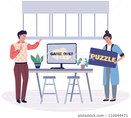 Play puzzle vector illustration. Playing games provides break from daily routines and promotes relaxation Solve puzzles and unlock new levels creativity and intelligence The joy gaming lies 110844471