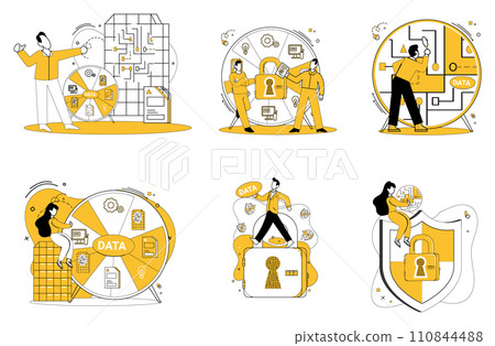 Data management vector illustration. Data security is fortress protecting valuable assets within database Big data is raw material awaiting sculptors touch in realm analytics In landscape information Data management vector illustration. Data security is fortress protecting valuable assets within database Big data is raw material awaiting sculptors touch in realm analytics In landscape information 110844488