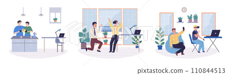 Office rest vector illustration. Taking breaks for fun and entertainment in workplace fosters sense joy and fulfillment Engaging in pastime activities during office rest breaks brings happiness Office rest vector illustration. Taking breaks for fun and entertainment in workplace fosters sense joy and fulfillment Engaging in pastime activities during office rest breaks brings happiness 110844513