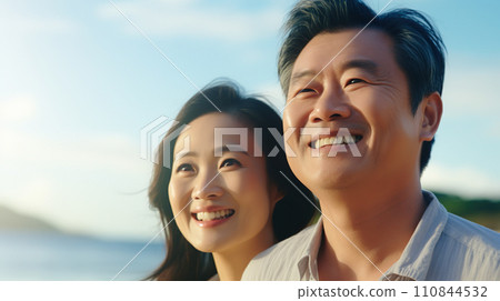 "AI-generated image" of a middle-aged couple lined up with smiles "AI-generated image" of a middle-aged couple lined up with smiles 110844532