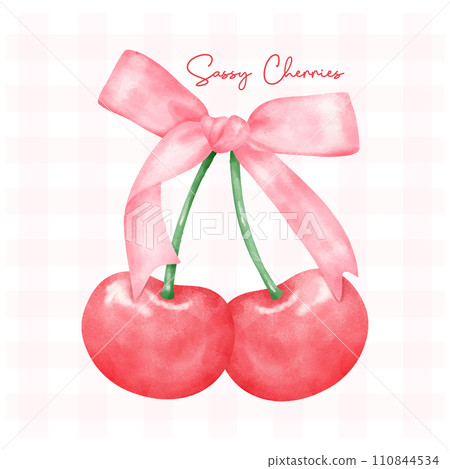 Red coquette cherries with pink ribbon bow, aesthetic watercolor hand drawing 110844534