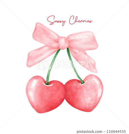 Red coquette heart cherries with pink ribbon bow, aesthetic watercolor hand drawing Red coquette heart cherries with pink ribbon bow, aesthetic watercolor hand drawing 110844535