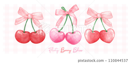 group of Red and hot pink coquette cherries with ribbon bow, aesthetic watercolor hand drawing banner. group of Red and hot pink coquette cherries with ribbon bow, aesthetic watercolor hand drawing banner. 110844537