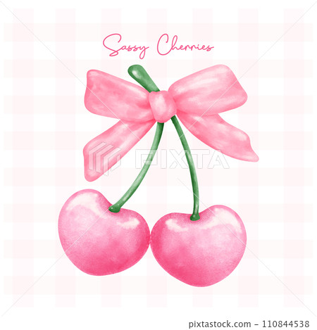 Hot Pink coquette cherries with pink ribbon bow, aesthetic watercolor hand drawing 110844538