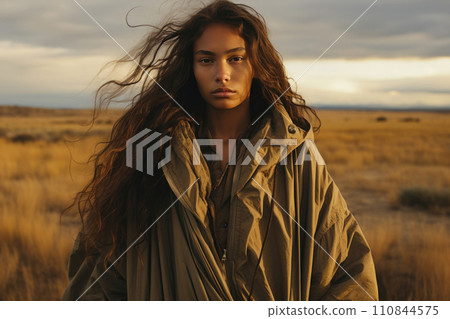 beautiful woman stands in the vast openness of golden field. Generative AI 110844575