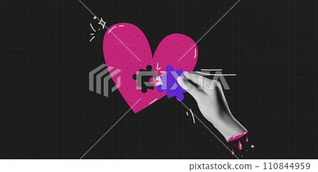 Puzzle heart in contemporary collage style. Abstract art vector illustration. ob black checkered background with paper texture. Durk popart composition Puzzle heart in contemporary collage style. Abstract art vector illustration. ob black checkered background with paper texture. Durk popart composition 110844959