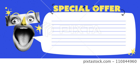 Vector collage grunge banner. Mouth announcing crazy promotions. Doodle elements on retro poster. Stylish modern advertising poster design with space for text Vector collage grunge banner. Mouth announcing crazy promotions. Doodle elements on retro poster. Stylish modern advertising poster design with space for text 110844960