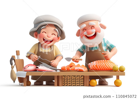 一對夫婦在鎮上的一家魚店工作 一對夫婦在鎮上的一家魚店工作 110845072