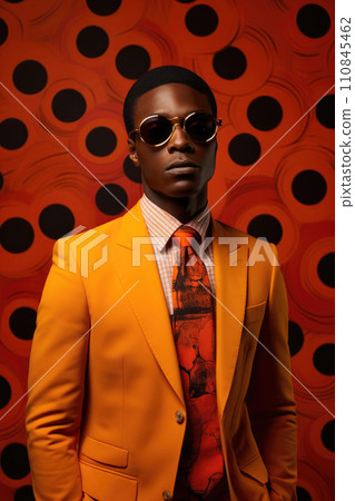 Stylish Man in Orange Suit with Retro Sunglasses. Generative AI Stylish Man in Orange Suit with Retro Sunglasses. Generative AI 110845462