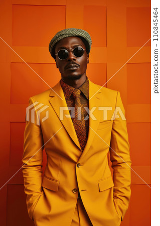Chic Man in Orange Suit Standing Against Orange Background. Generative AI Chic Man in Orange Suit Standing Against Orange Background. Generative AI 110845464
